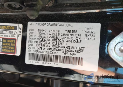2020 Honda Cr-V Awd Ex-L from USA, damaged, VIN 5J6RW2H8XLL005117